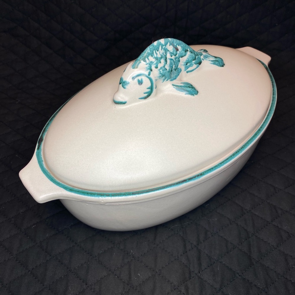 Terra Cotta Ceramic Painted Dish with Koi Fish on Lid
